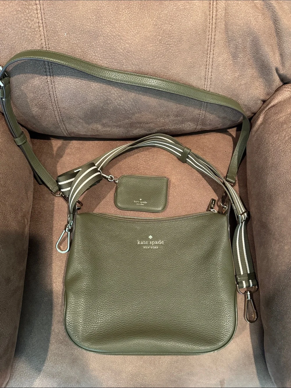 kate spade olive green pebbled leather shoulder bag with striped web strap